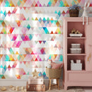 Geometric Wallpaper with Triangles in Pink, Teal, and Yellow - A154