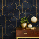 Art Deco Wallpaper with a Geometric Arch Pattern in Charcoal and Gold - A476