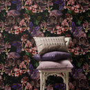 Gothic Wallpaper with Embroidered Skulls and Butterflies in Purple and Pink - D898