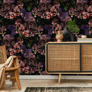 Gothic Wallpaper with Embroidered Skulls and Butterflies in Purple and Pink - D898