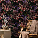 Gothic Wallpaper with Embroidered Skulls and Butterflies in Purple and Pink - D898