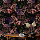 Gothic Wallpaper with Embroidered Skulls and Butterflies in Purple and Pink - D898