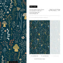 Botanical Wallpaper with Whimsical Mushrooms and Wildflowers in Teal, Green, and Orange - D911
