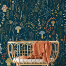 Botanical Wallpaper with Whimsical Mushrooms and Wildflowers in Teal, Green, and Orange - D911