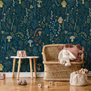 Botanical Wallpaper with Whimsical Mushrooms and Wildflowers in Teal, Green, and Orange - D911