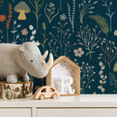 Botanical Wallpaper with Whimsical Mushrooms and Wildflowers in Teal, Green, and Orange - D911