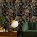 Gothic Wallpaper Featuring Skulls and Ferns in Brown, Green, and Red - D917