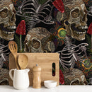 Gothic Wallpaper Featuring Skulls and Ferns in Brown, Green, and Red - D917