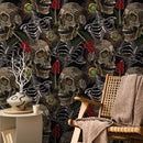 Gothic Wallpaper Featuring Skulls and Ferns in Brown, Green, and Red - D917
