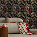 Gothic Wallpaper Featuring Skulls and Ferns in Brown, Green, and Red - D917