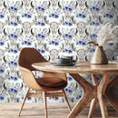 Floral Wallpaper with a Bohemian Bull Skull Motif in Blue, Pink, and Green - D926