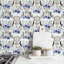 Floral Wallpaper with a Bohemian Bull Skull Motif in Blue, Pink, and Green - D926