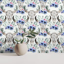 Floral Wallpaper with a Bohemian Bull Skull Motif in Blue, Pink, and Green - D926