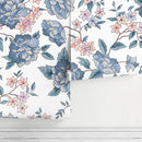 Vintage Floral Wallpaper with Peonies and Blossoms in Blue and Pink - A594