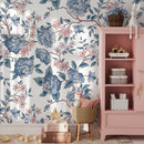 Vintage Floral Wallpaper with Peonies and Blossoms in Blue and Pink - A594