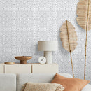 Tile Wallpaper with a Distressed Damask Motif in Gray and White - A610