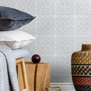 Tile Wallpaper with a Distressed Damask Motif in Gray and White - A610