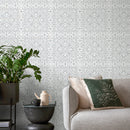 Tile Wallpaper with a Distressed Damask Motif in Gray and White - A610