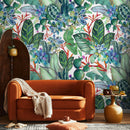 Botanical Wallpaper Featuring Watercolor Succulents and Cacti in Green, Blue, and Red - A612
