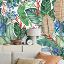 Botanical Wallpaper Featuring Watercolor Succulents and Cacti in Green, Blue, and Red - A612