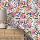 Floral Wallpaper with Stylized Blooms in Pink, Yellow, and Blue - A692