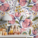 Floral Wallpaper with Stylized Blooms in Pink, Yellow, and Blue - A692