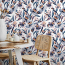 Floral Wallpaper with Watercolor Orchids in Blue, Purple, and Orange - A940