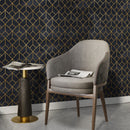 Art Deco Wallpaper with an Interlocking Line Motif in Black and Gold - A392