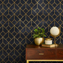 Art Deco Wallpaper with an Interlocking Line Motif in Black and Gold - A392