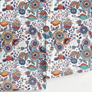 Botanical Wallpaper with Folk Art Florals in Teal, Orange, and Blue - A407