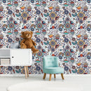 Botanical Wallpaper with Folk Art Florals in Teal, Orange, and Blue - A407