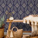 Art Deco Geometric Wallpaper with Dotted Diamond Motifs in Navy Blue and Beige - A424
