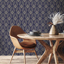 Art Deco Geometric Wallpaper with Dotted Diamond Motifs in Navy Blue and Beige - A424