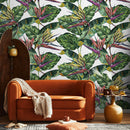 Tropical Wallpaper with Bird of Paradise Flowers in Green, Red, and Purple - A433