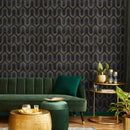 Art Deco Wallpaper with a Geometric Line Pattern in Black and Gold - A436