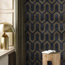 Art Deco Wallpaper with a Geometric Line Pattern in Black and Gold - A436