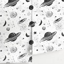 Space Wallpaper Featuring Hand-Drawn Planets and Stars in Black and White - A441