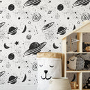 Space Wallpaper Featuring Hand-Drawn Planets and Stars in Black and White - A441