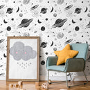 Space Wallpaper Featuring Hand-Drawn Planets and Stars in Black and White - A441