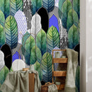 Botanical Wallpaper with Abstract Leaves in Green, Blue, and Black - A502