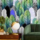 Botanical Wallpaper with Abstract Leaves in Green, Blue, and Black - A502