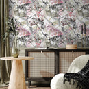 Botanical Wallpaper with an Abstract Watercolor Branch Motif in Pink, Black, and Green - A517