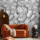 Abstract Wallpaper Featuring Large Graphic Leaves in Black and White - A524