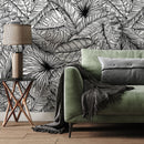 Tropical Wallpaper with an Intricate Line Art Leaf Motif in Black and White - A535