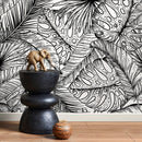 Tropical Wallpaper with an Intricate Line Art Leaf Motif in Black and White - A535