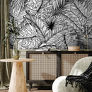 Tropical Wallpaper with an Intricate Line Art Leaf Motif in Black and White - A535