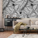 Tropical Wallpaper with an Intricate Line Art Leaf Motif in Black and White - A535