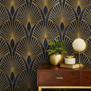 Art Deco Wallpaper with a Geometric Fan Motif in Black and Gold - A537