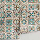 Tile Wallpaper with a Portuguese Motif in Teal, Brown, and Beige - A552