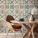 Tile Wallpaper with a Portuguese Motif in Teal, Brown, and Beige - A552